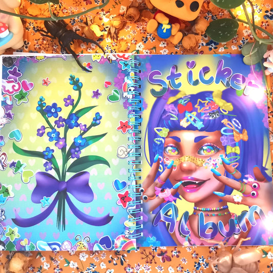 Sticker album with colorful design featuring a face and flowers on a decorative background.
